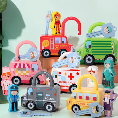 Set de masini cu lacate si chei - Montessori pentru copii: invata meserii, incuie si descuie, sorteaza si potriveste - jucarie senzoriala cu 18 elemente de asociere si indemanare